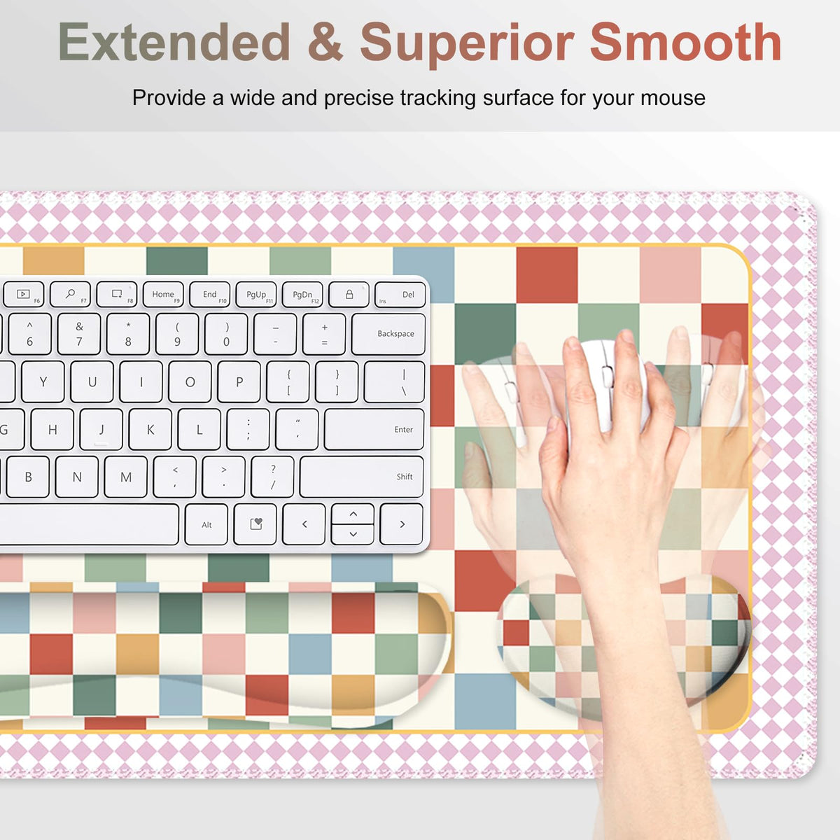 Vintage Macaron Checker Mouse Pad Set, 4 in1 Ergonomics Keyboard Desk Mat with Memory Foam Wrist