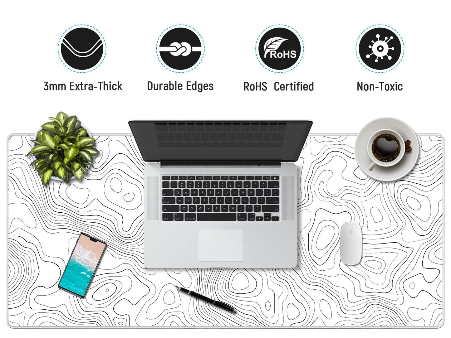 JIALONG White Topographic Large Gaming Mouse Pad, XXL Mousepad, Big Mouse Mat Desk Pad for Keyboard