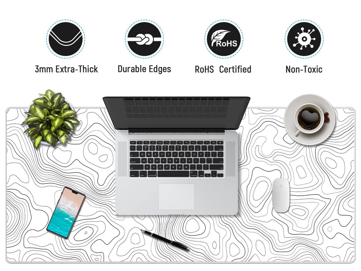 JIALONG White Topographic Large Gaming Mouse Pad, XXL Mousepad, Big Mouse Mat Desk Pad for Keyboard