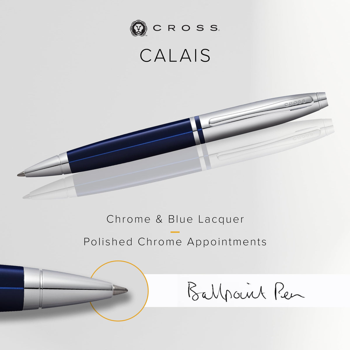 Cross Calais Ballpoint Pen, Chrome & Blue Lacquer, Medium Point, Black Ink