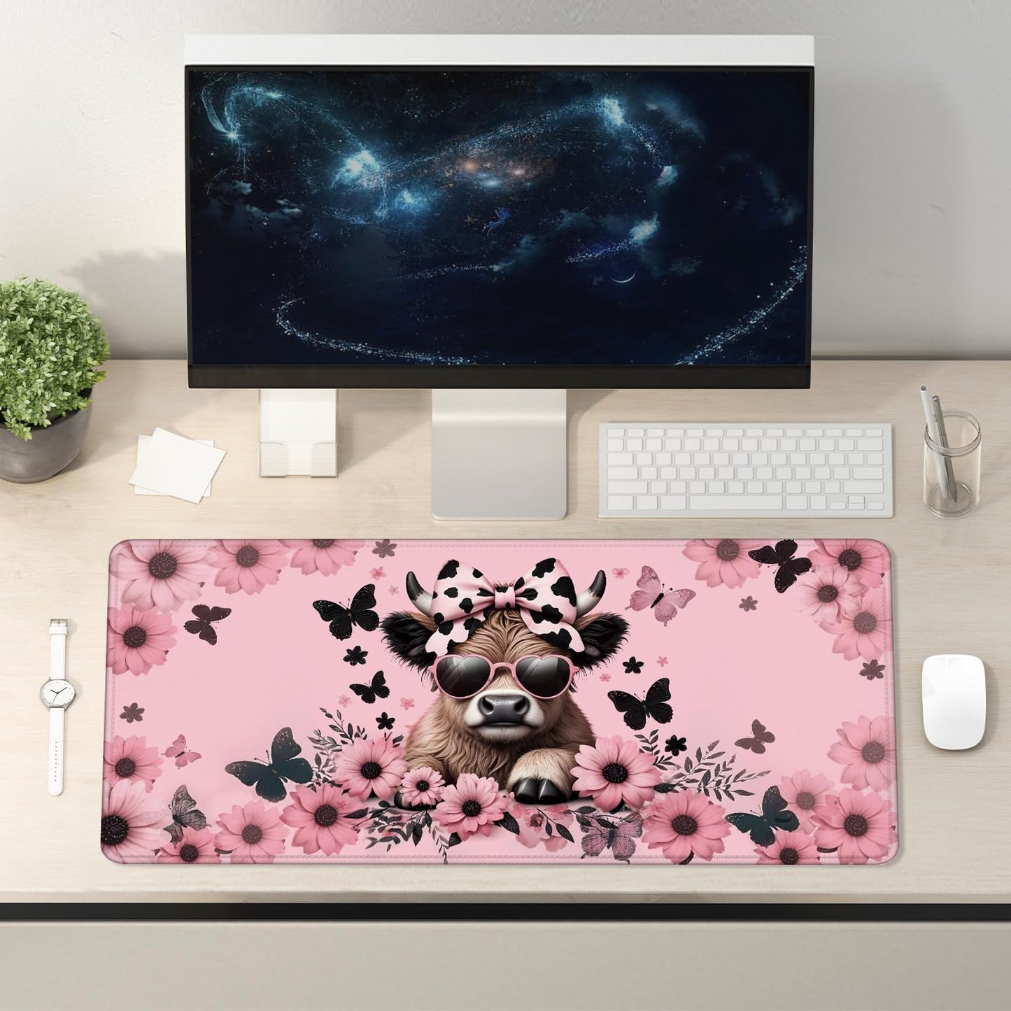 Foritho Funny Pink Floral Highland Cow Mouse Pad 31.5x15.7inch, Cute Heifer Cow Print Mouse Pads