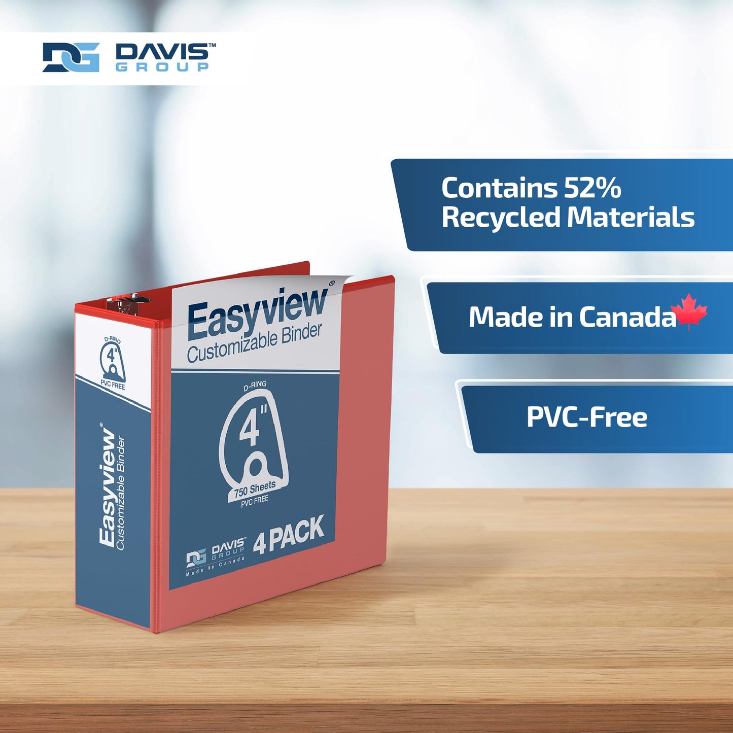 Easyview 3-Ring Binder, Clear-View Cover, 4" D Rings, Red, 4 Pack