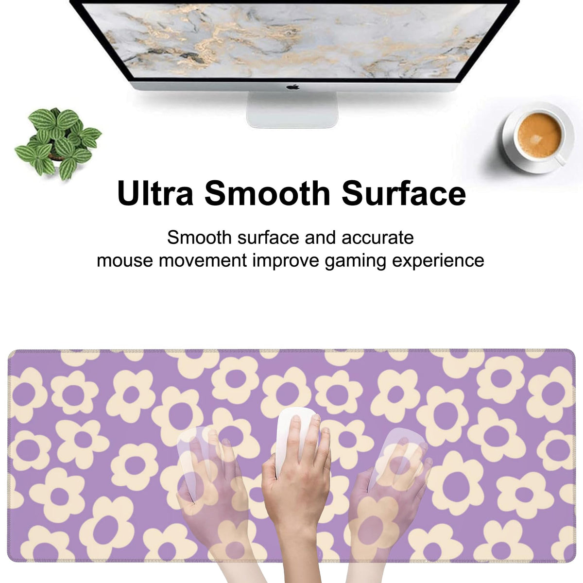 Purple Groovy Flowers Desk Mat,Large Vintage Floral Gaming Keyboard Mouse Pad,Non-Slip Rubber Base