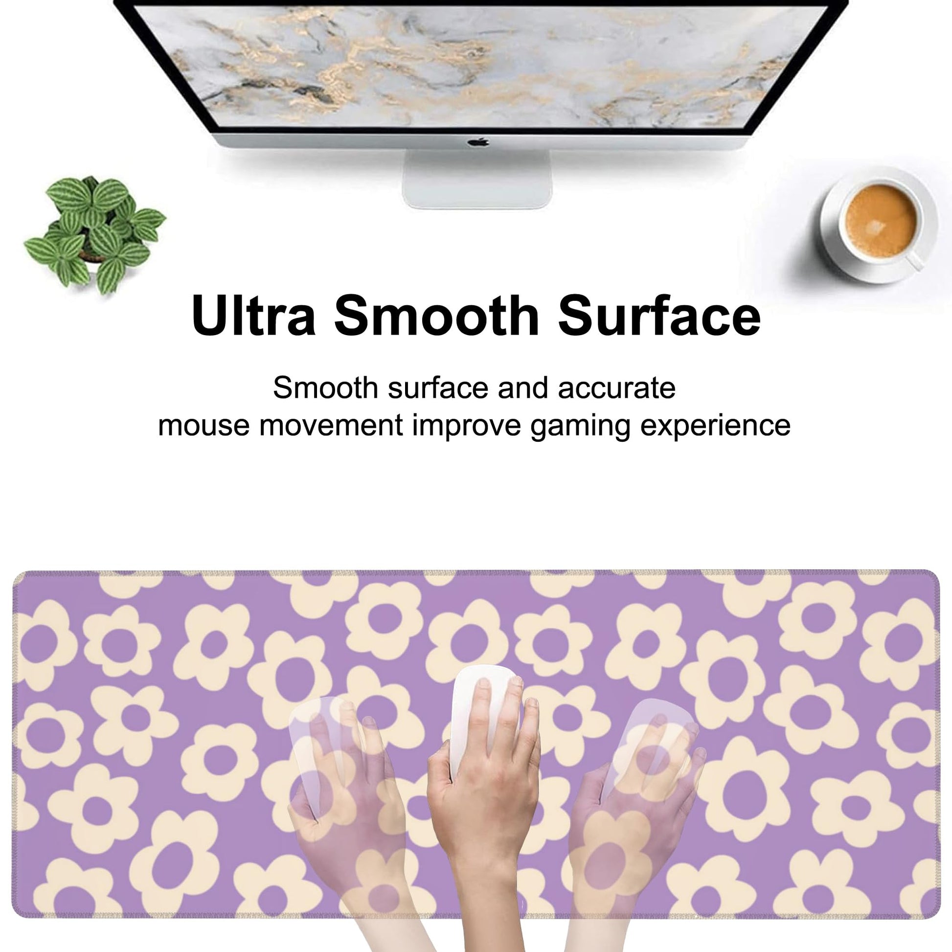 Purple Groovy Flowers Desk Mat,Large Vintage Floral Gaming Keyboard Mouse Pad,Non-Slip Rubber Base