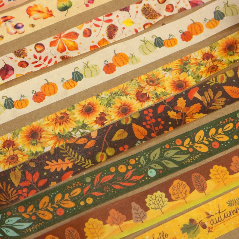 YUBBAEX 10 Rolls Four Seasons Washi Tape Set Yellow Leaves & Flowers Masking Decorative Tapes