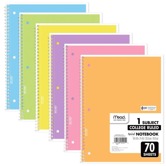 Mead Spiral Notebook, 6 Pack, 1 Subject, College Ruled Paper, 7-1/2" x 10-1/2", 70 Sheets per