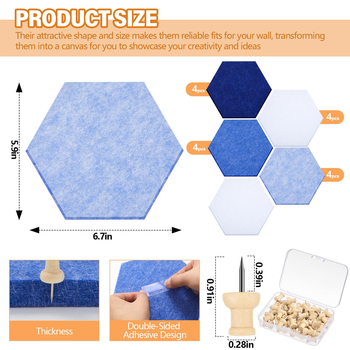 6.7 x 5.9 in 16 Pcs Hexagon Cork Board Tiles, Felt Pin Boards, Blue