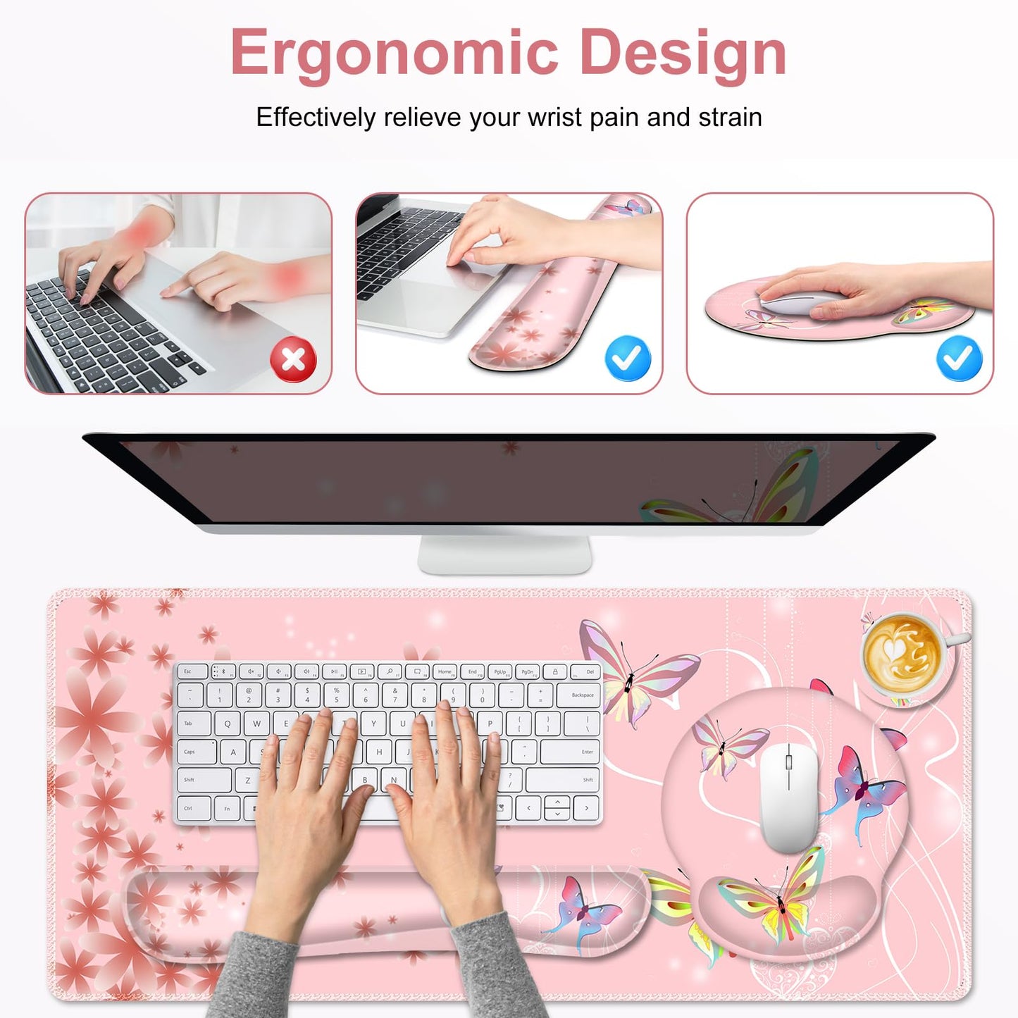 Peach Pink Butterflies Florals Mouse Pad, XXL Large Desk Mat Extended Reading Desk pad, 4 PCS