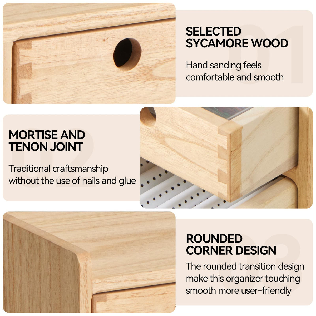 KIRIGEN Wooden Desk Organizer with 3 Drawers and Top Tray Natural DT1D3C-NA