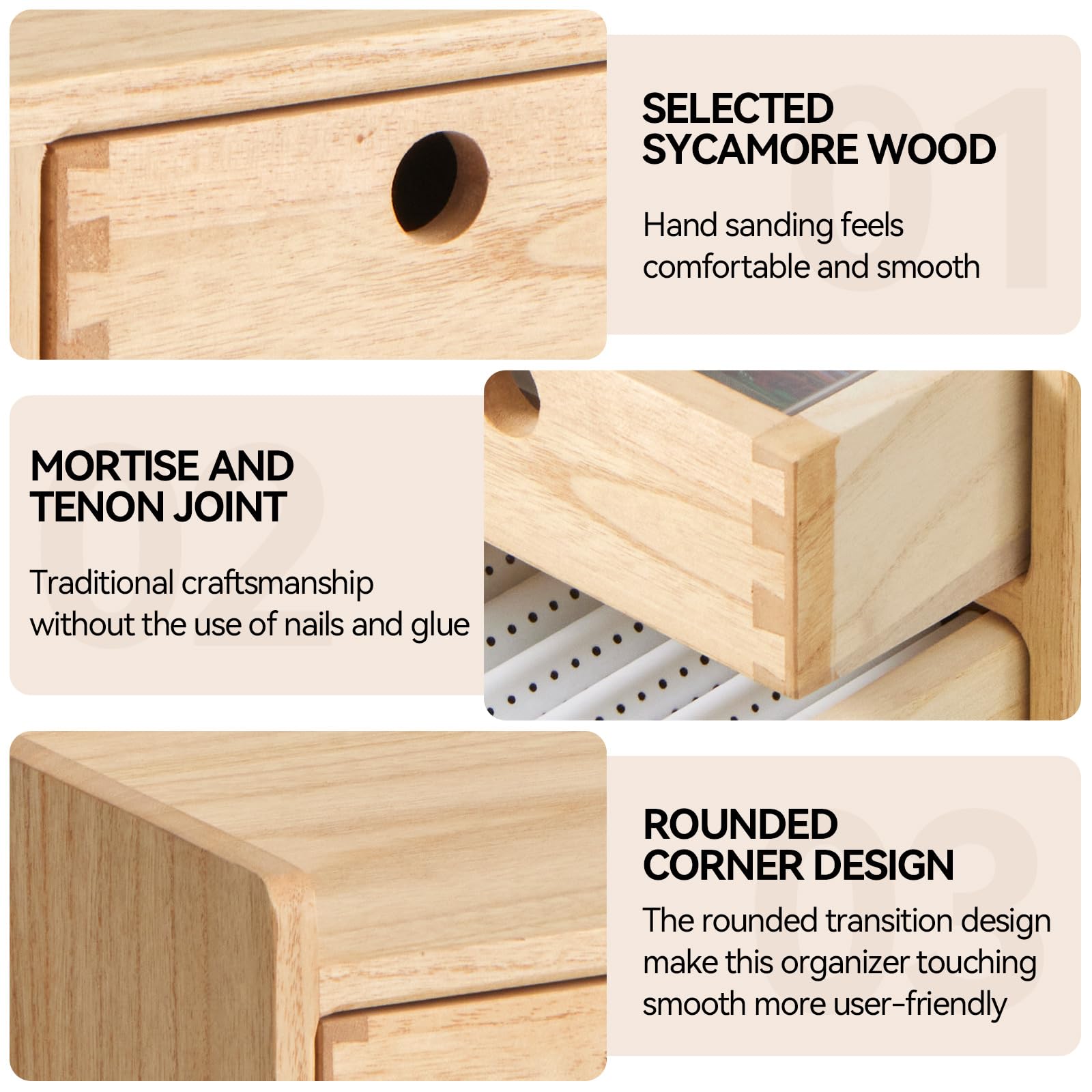 KIRIGEN Wooden Desk Organizer with 3 Drawers and Top Tray Natural DT1D3C-NA