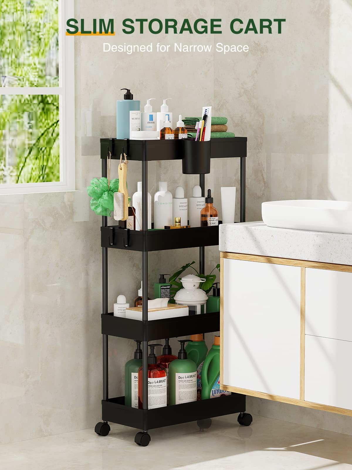 LEHOM Slim Rolling Storage Cart - 4 Tiers Bathroom Organizer Utility Cart