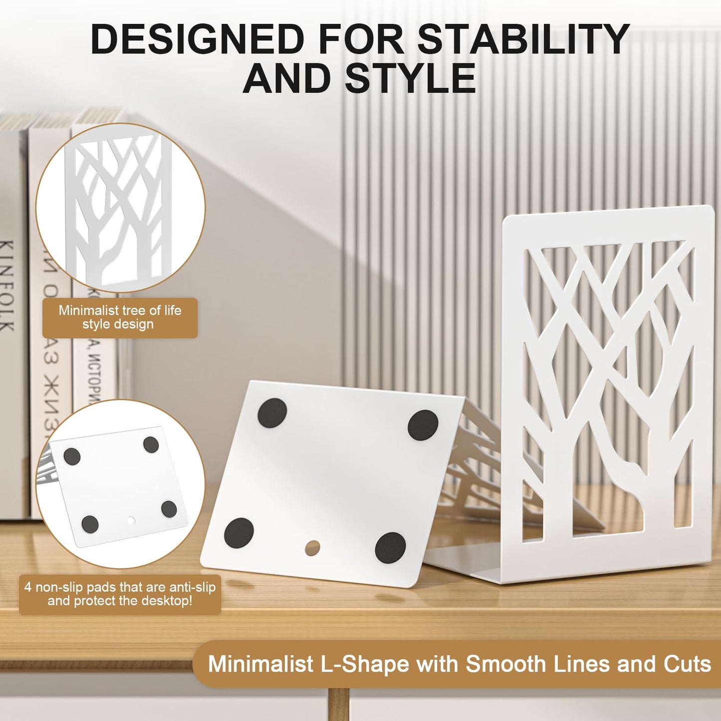 ALOTCHE White Bookends 8 Pack, Tree Design Modern Metal Bookends for Shelves, Unique Tree Book Ends