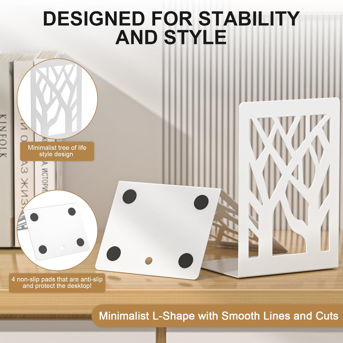ALOTCHE White Bookends 8 Pack, Tree Design Modern Metal Bookends for Shelves, Unique Tree Book Ends
