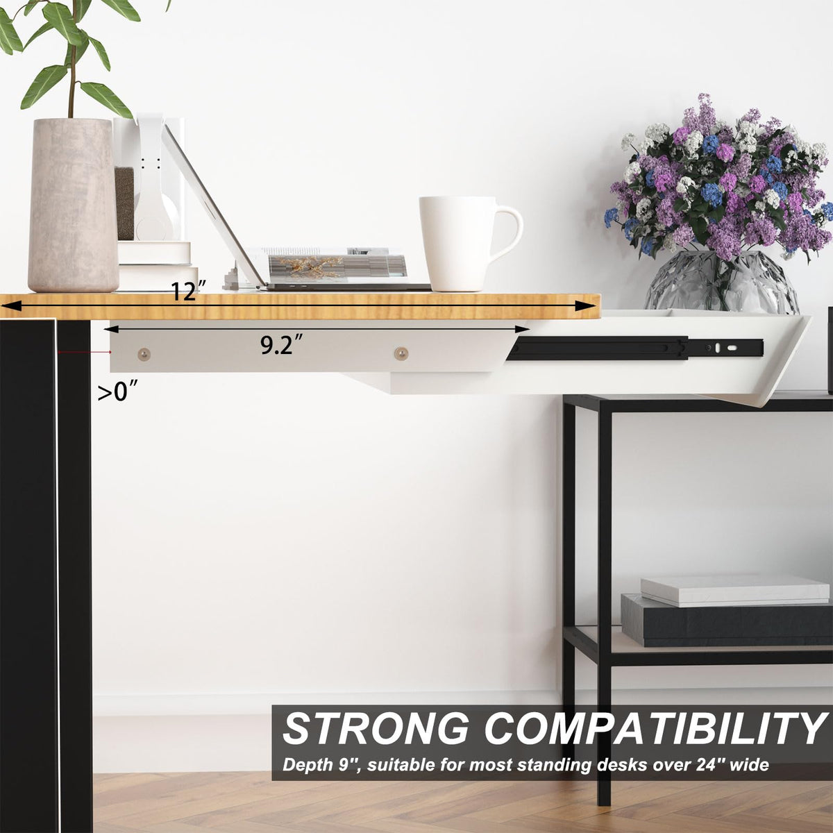 Gaxomo White Large Under Desk Mounted Sliding Drawer with 2 Cable Hole and 60 Degree Tilt Panel to