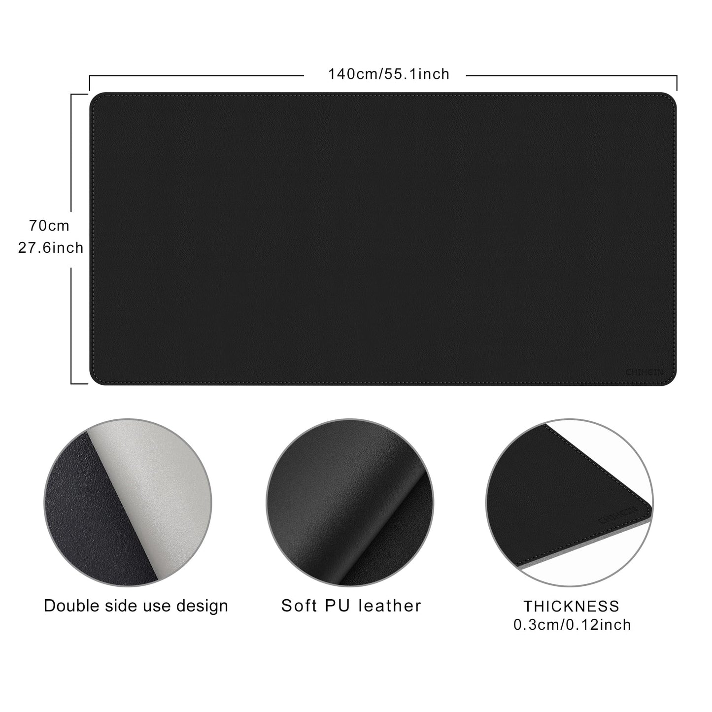 Chihein 55" x 28" 4XL PU Leather Desk Mat (Black/Gray), Huge Mouse Pad, Double-Sided Use Desk