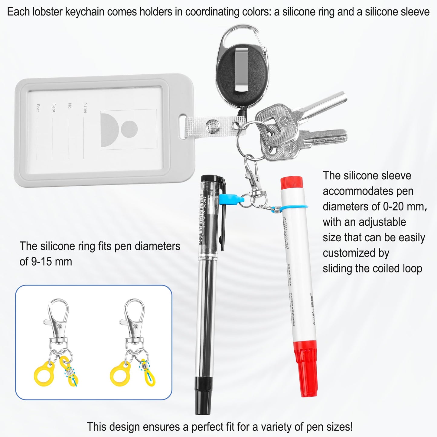 8 Pack Retractable Pen Holder with 32 in Dyneema Cord, Silicone Ring