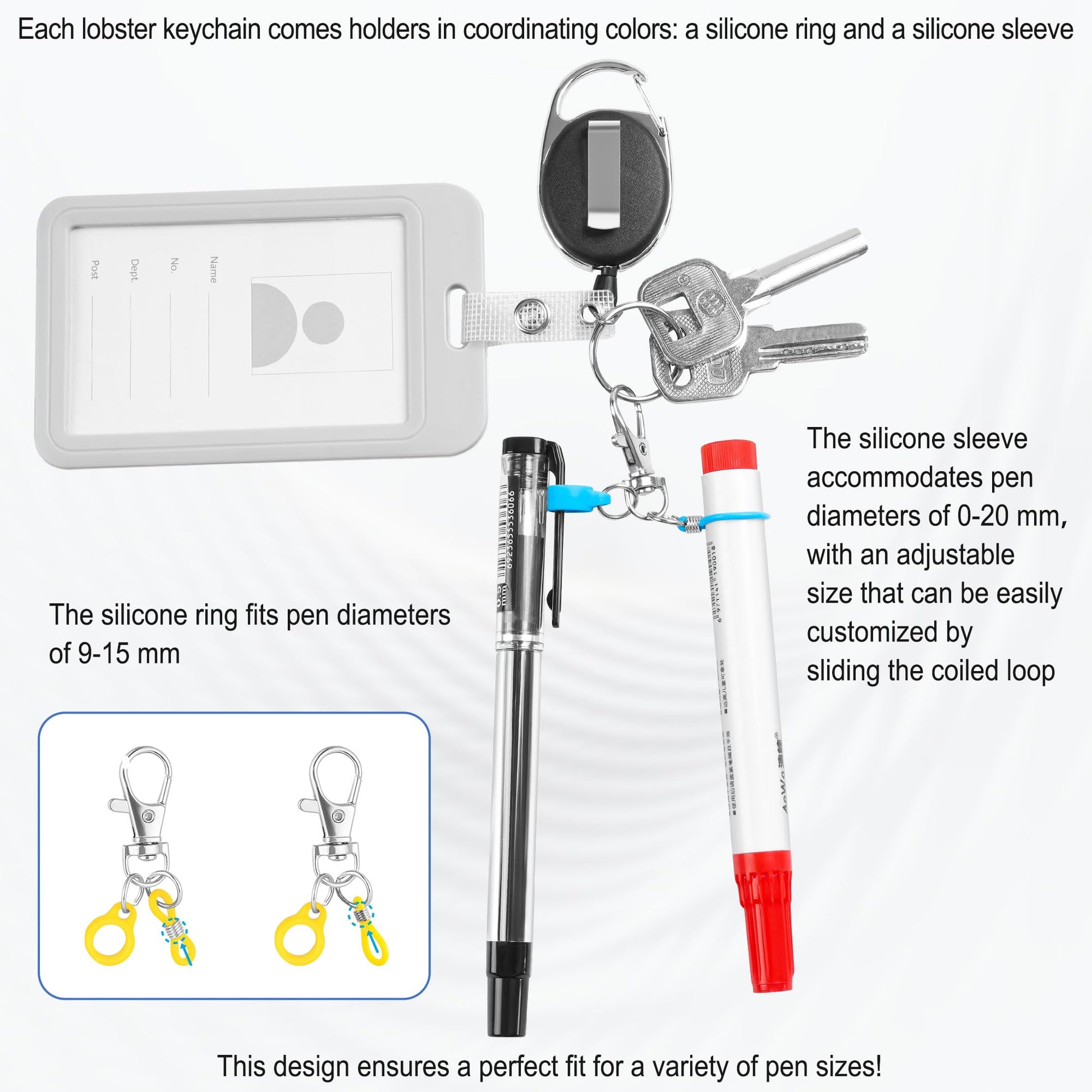 8 Pack Retractable Pen Holder with 32 in Dyneema Cord, Silicone Ring