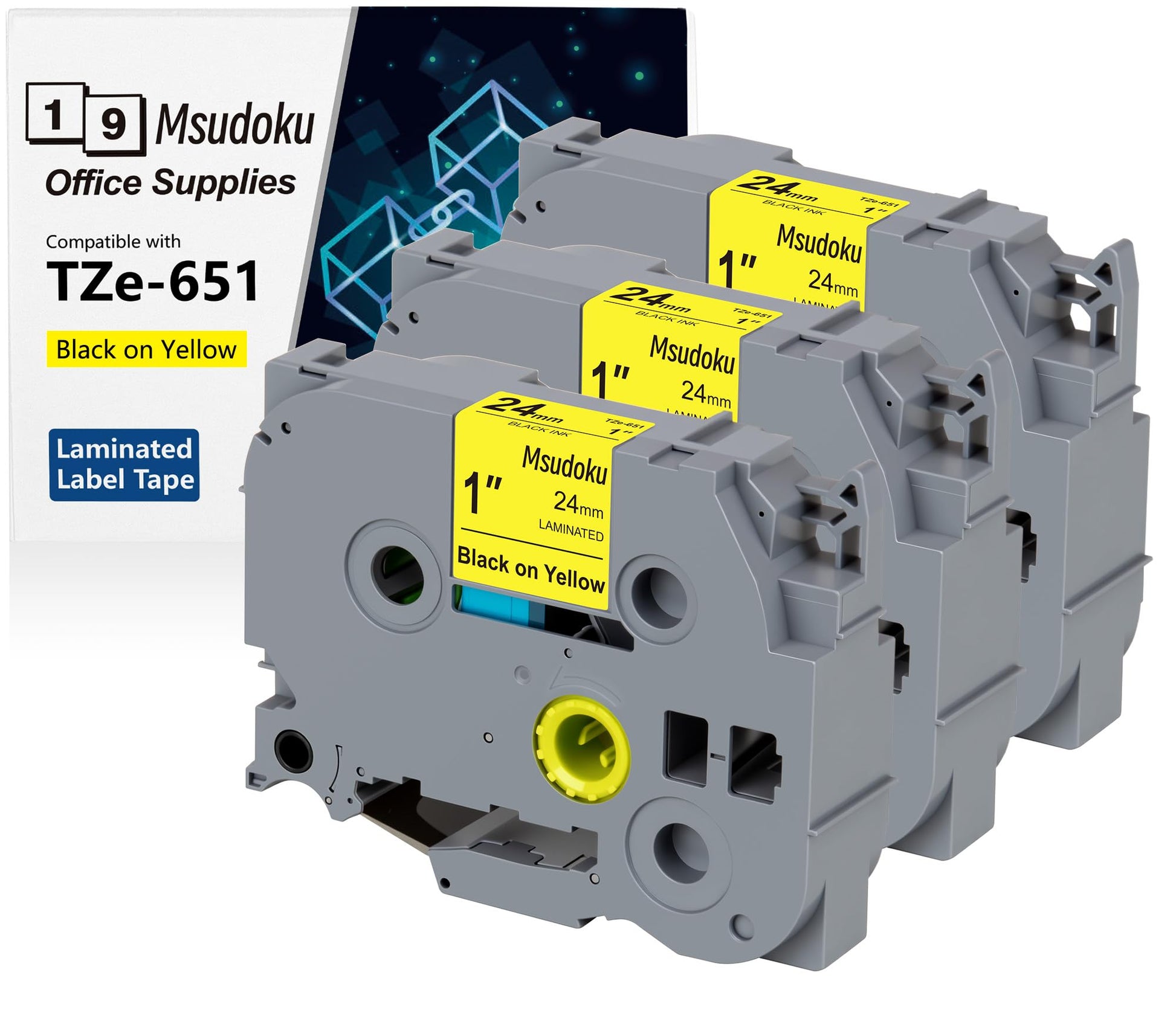 Msudoku TZ651 3PK Black on Yellow Compatible for Brother 24mm Label Tape
