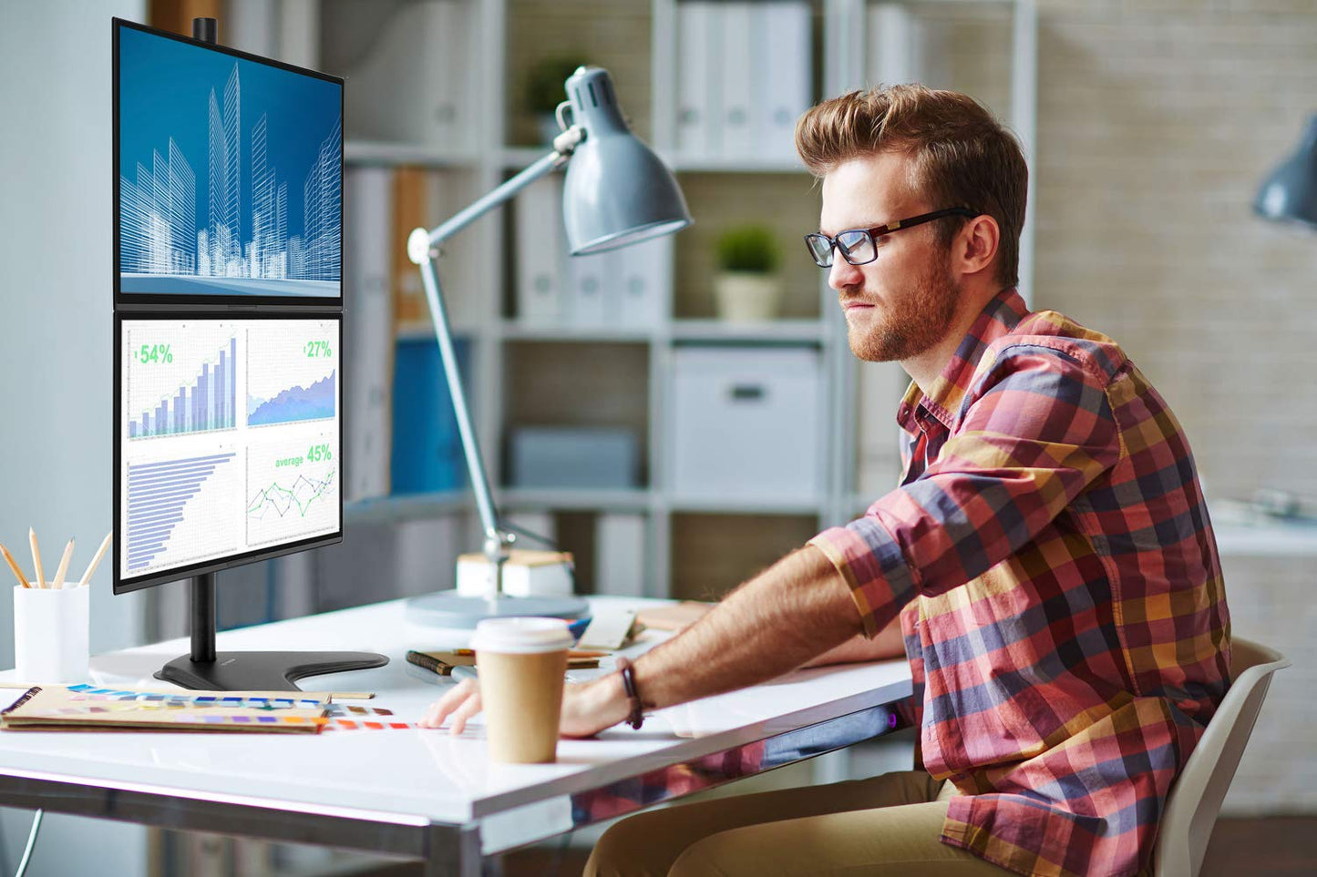 Mount-It! Vertical Dual Monitor Stand, Freestanding Stacked Monitor Mount for 2 Screens 17–32"