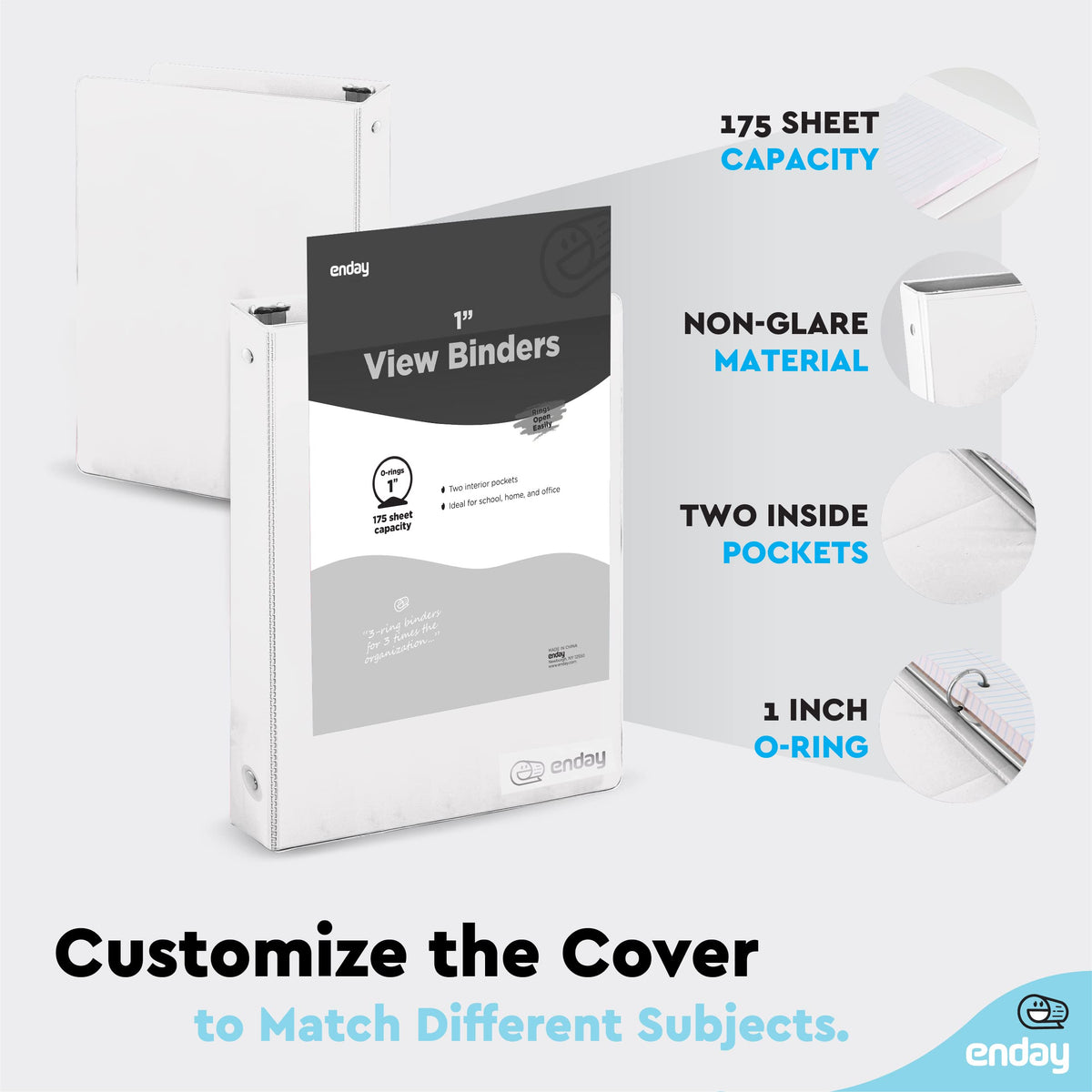 1 Inch 3 Ring Binder 1” Binder White Clear View Cover with 2 Inside Pockets, Colored School