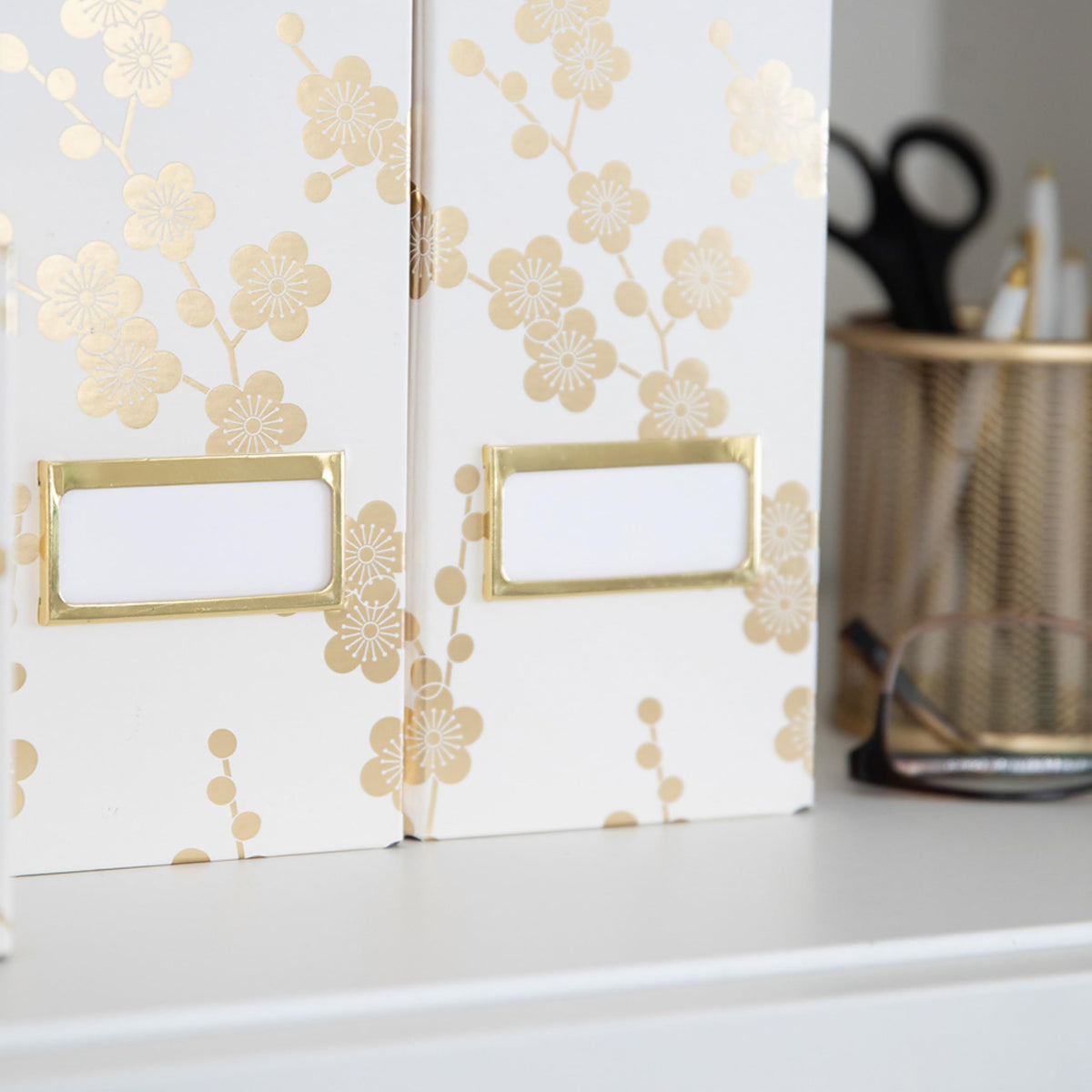 BLU MONACO | Set of 4 Foldable Magazine Storage Boxes with Gold Floral Pattern | Decorative