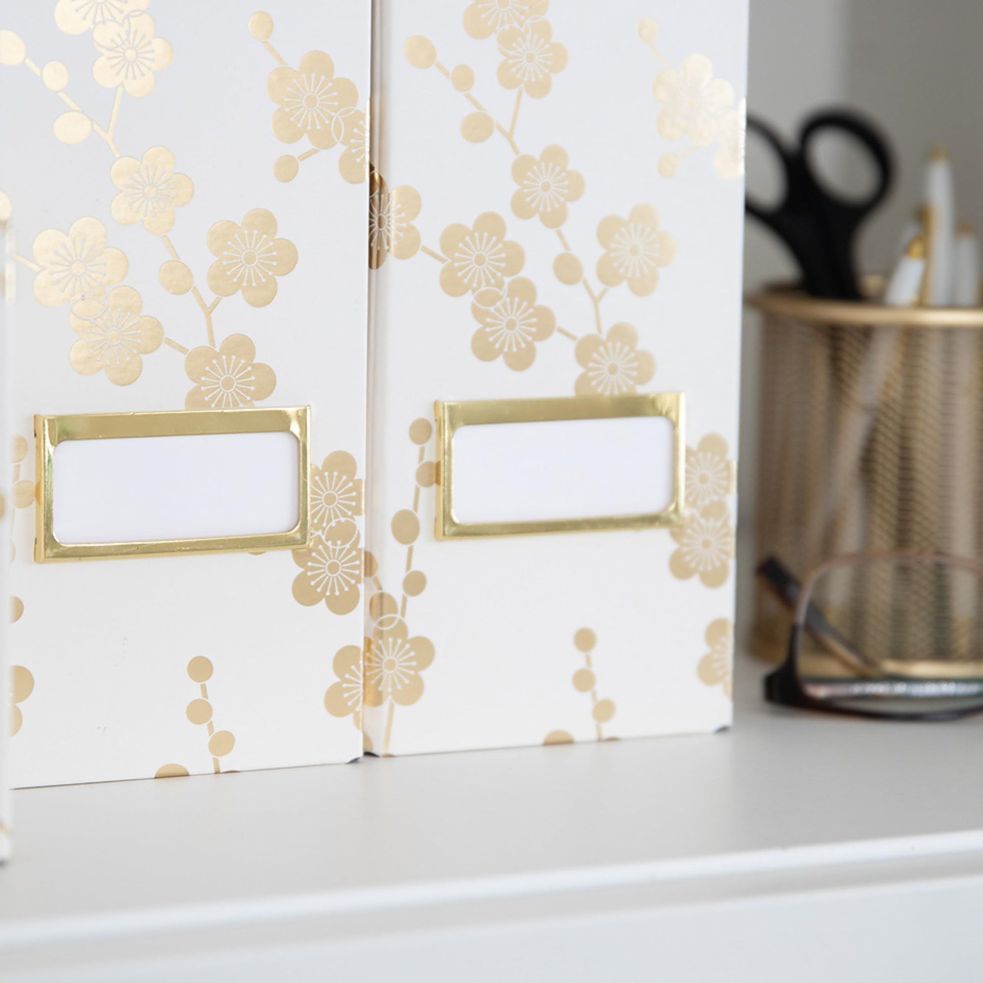 BLU MONACO | Set of 4 Foldable Magazine Storage Boxes with Gold Floral Pattern | Decorative