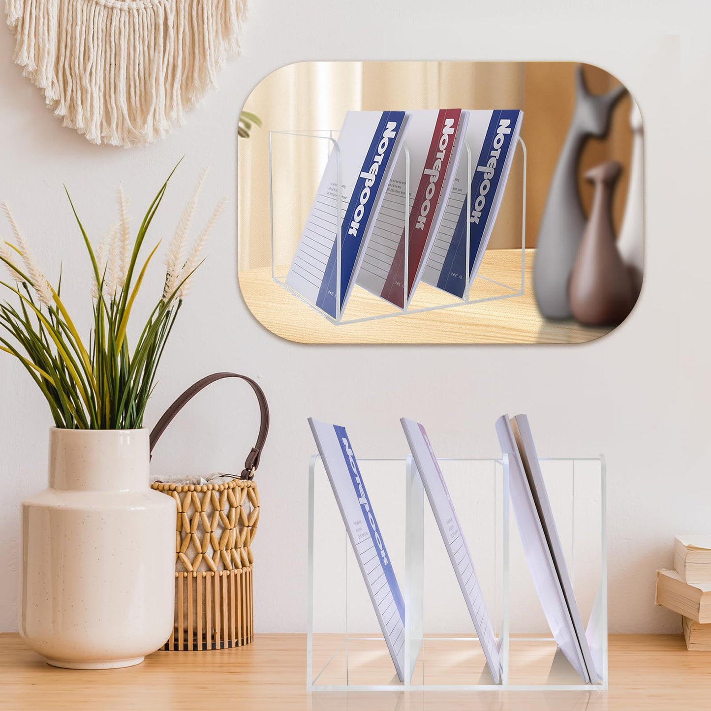 HMXLJJY Clear Acrylic Magazine Holder with 3 Compartments, Desktop File Organizer, Vertical