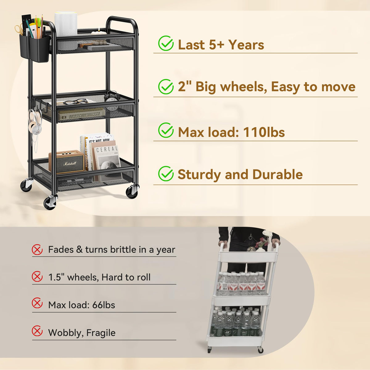 YASONIC 3 Tier Metal Rolling Cart, Black Utility Storage Cart with Wheels