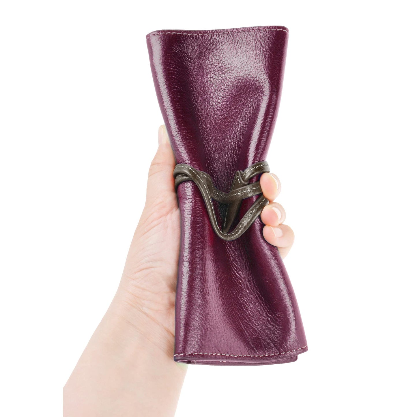 ZLYC Handmade Leather Pencil Case Soft Roll Bag Stationery Gift,Burgundy