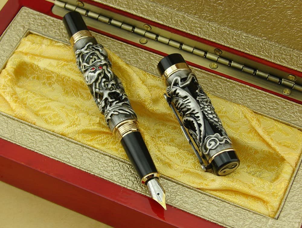 Lanxivi Dragon Phoenix Fountain Pen Medium Nib Writing Luxury Case Set Vintage Black Pen Collection