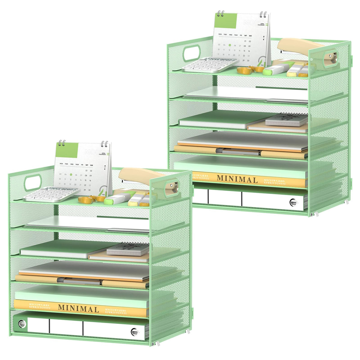 Daltack 6-Tier Paper Organizer for Desk with Handle, Green, 2 Pack