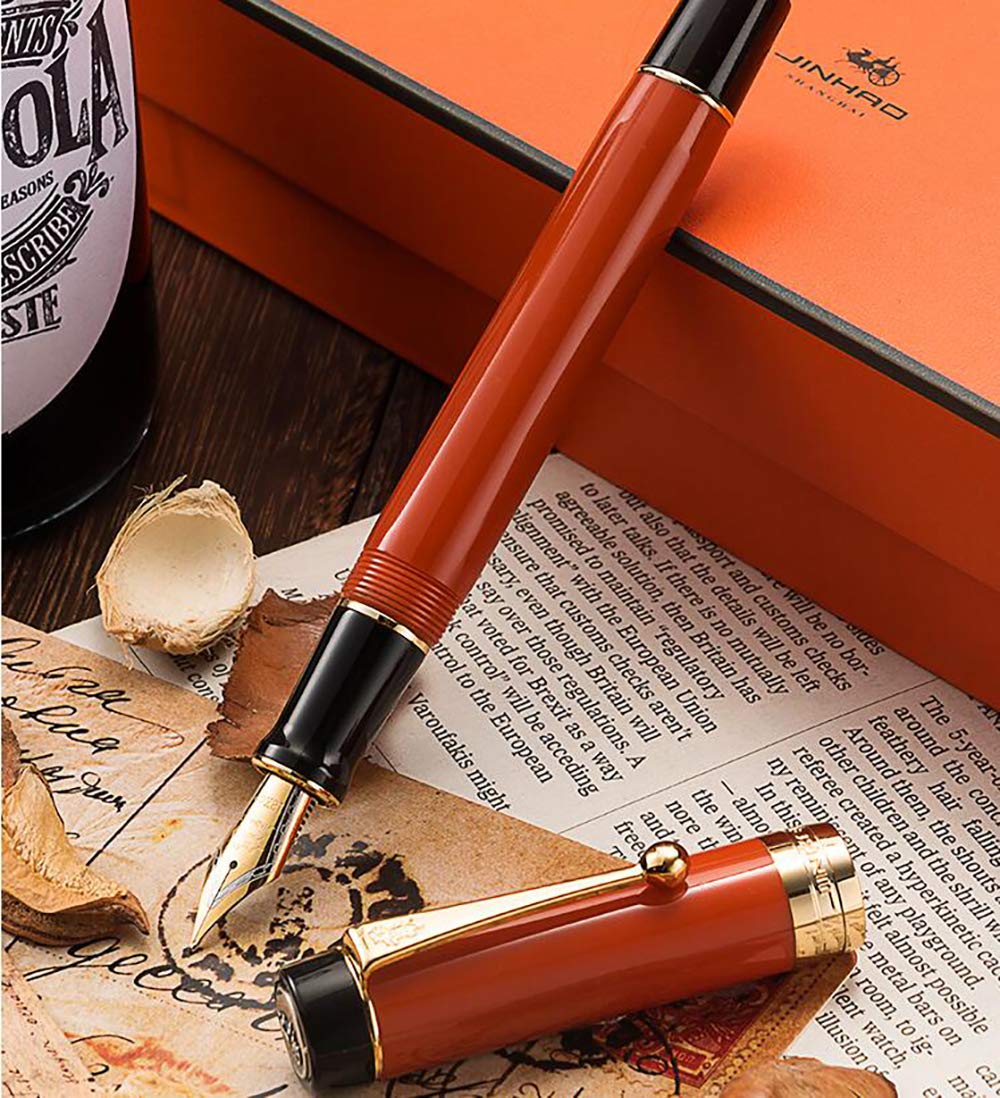 Jinhao 100 Classic Fountain Pen Bent Nib, Orange Red Celluloid Fude Pen Calligraphy from Fine to