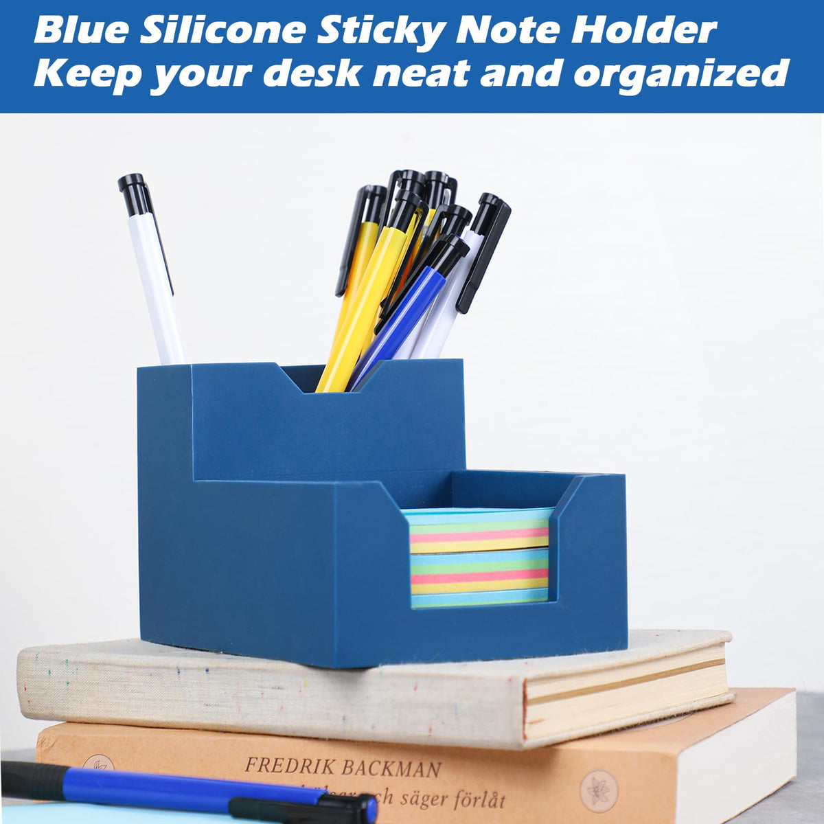 Blue Sticky Note Holder, Silicone Memo Holder with Pen or Card Slots, Sticky Note Dispenser, Fits