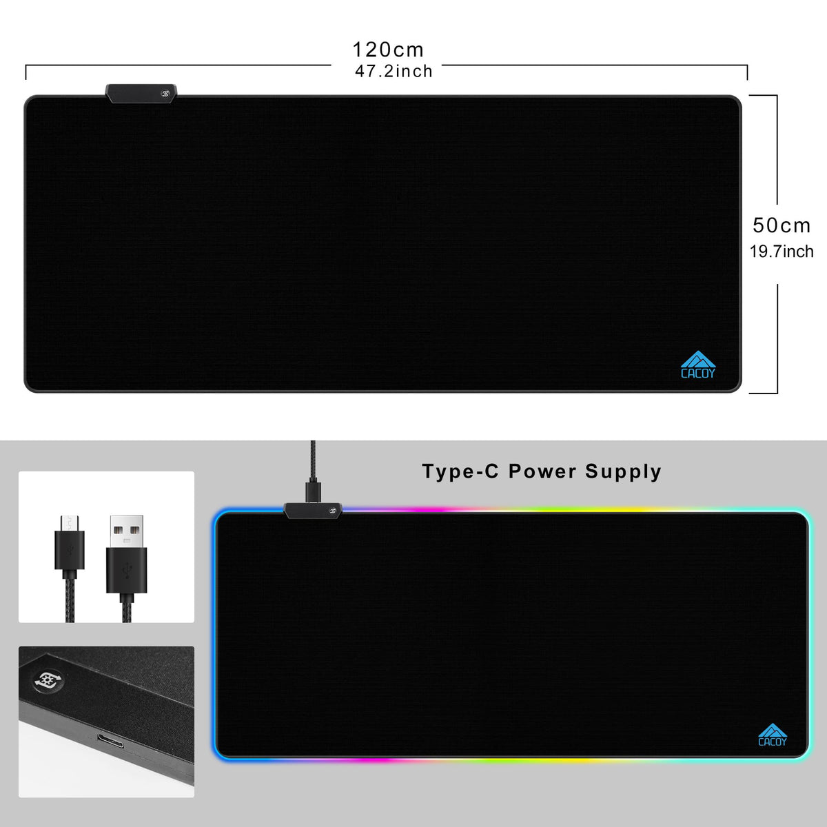 Cacoy 48"x20" RGB XXL Large Gaming Mouse Pad, LED Lighting Mouse Mat, Black