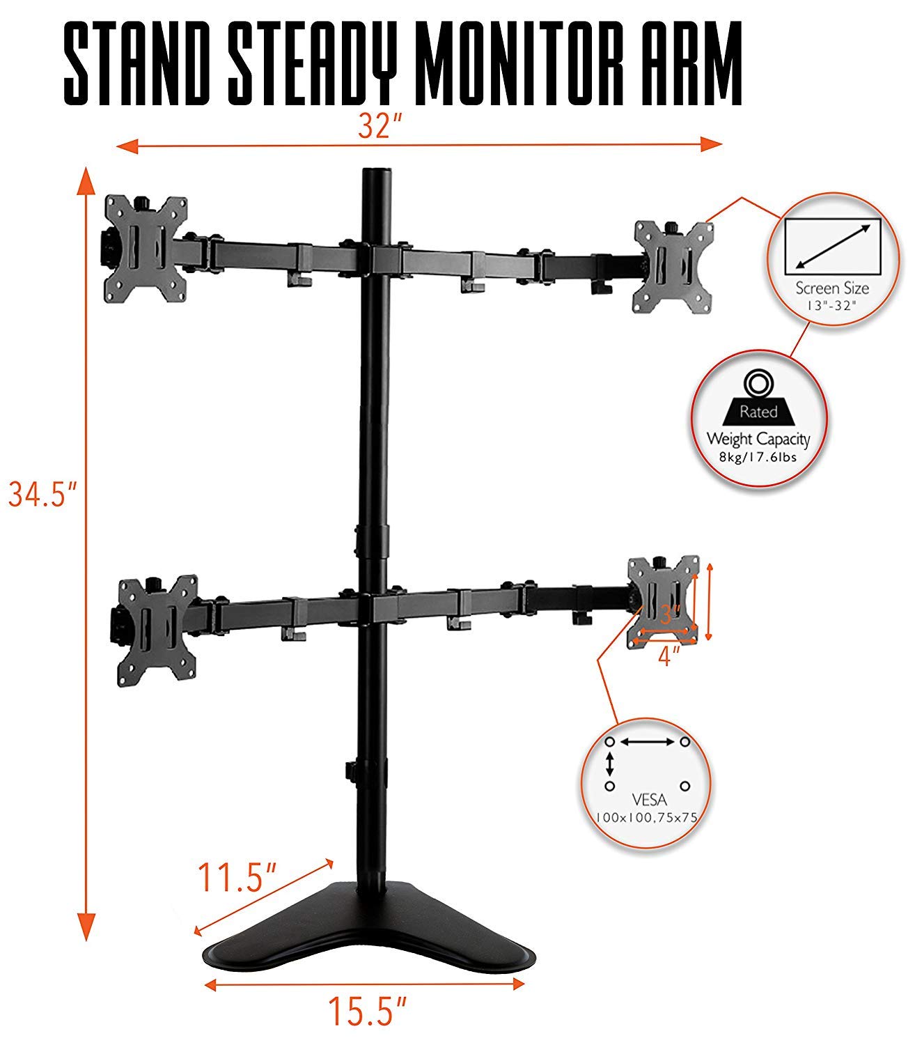 Stand Steady 4-Monitor Mount | Height-Adjustable Stand with Stabilizing Base - Fits Most LCD/LED