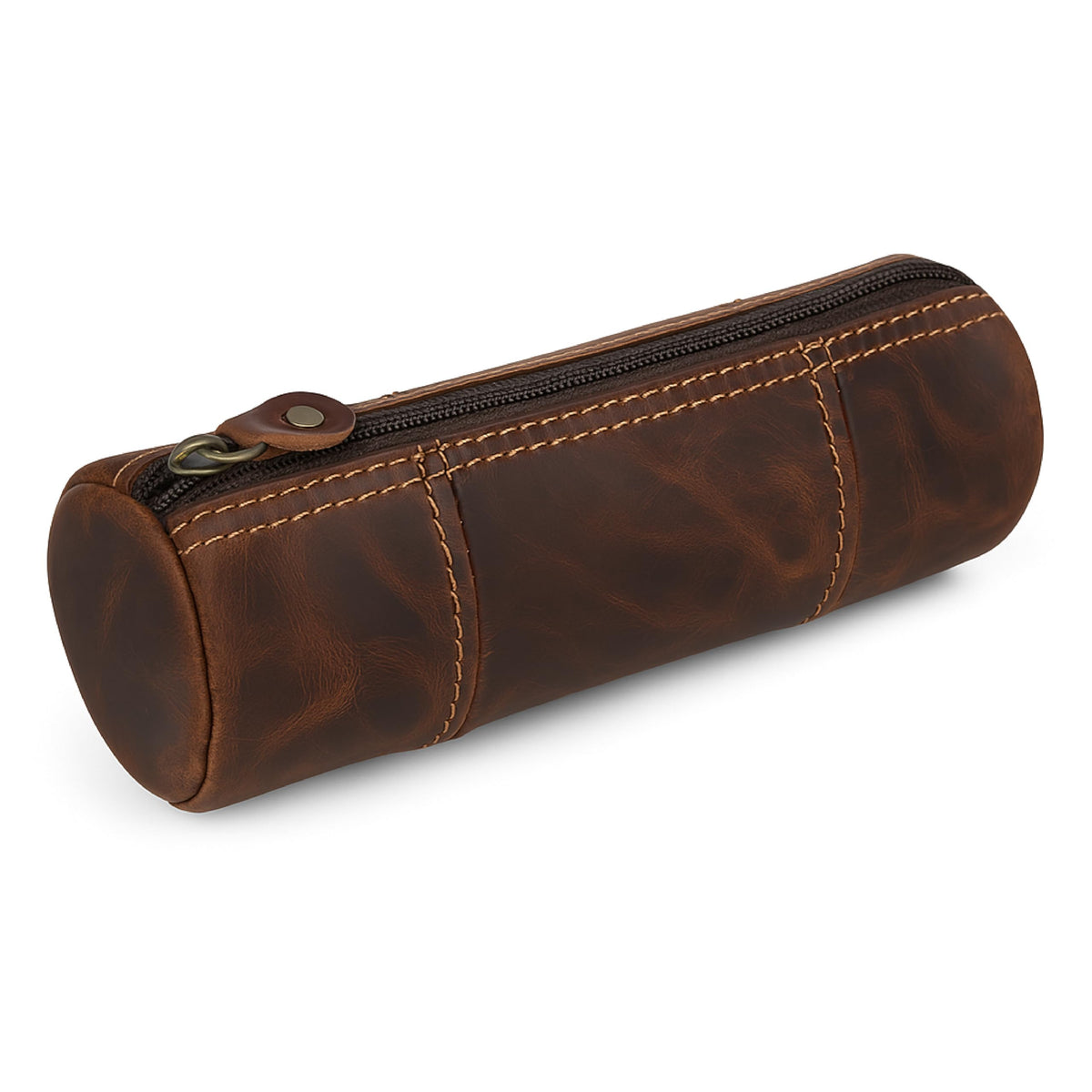 TheAntiq Brown Leather Pencil Case, Make-up Pouch, Leather Zipper Pouch