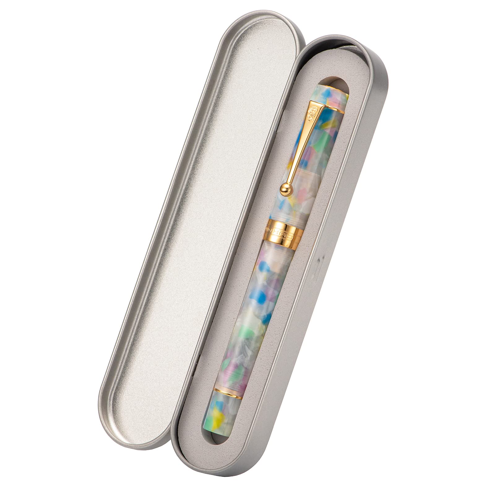 Jinhao 100 Classic Fountain Pen Bent Nib, Rainbow Celluloid Fude Pen Calligraphy from Fine to Broad
