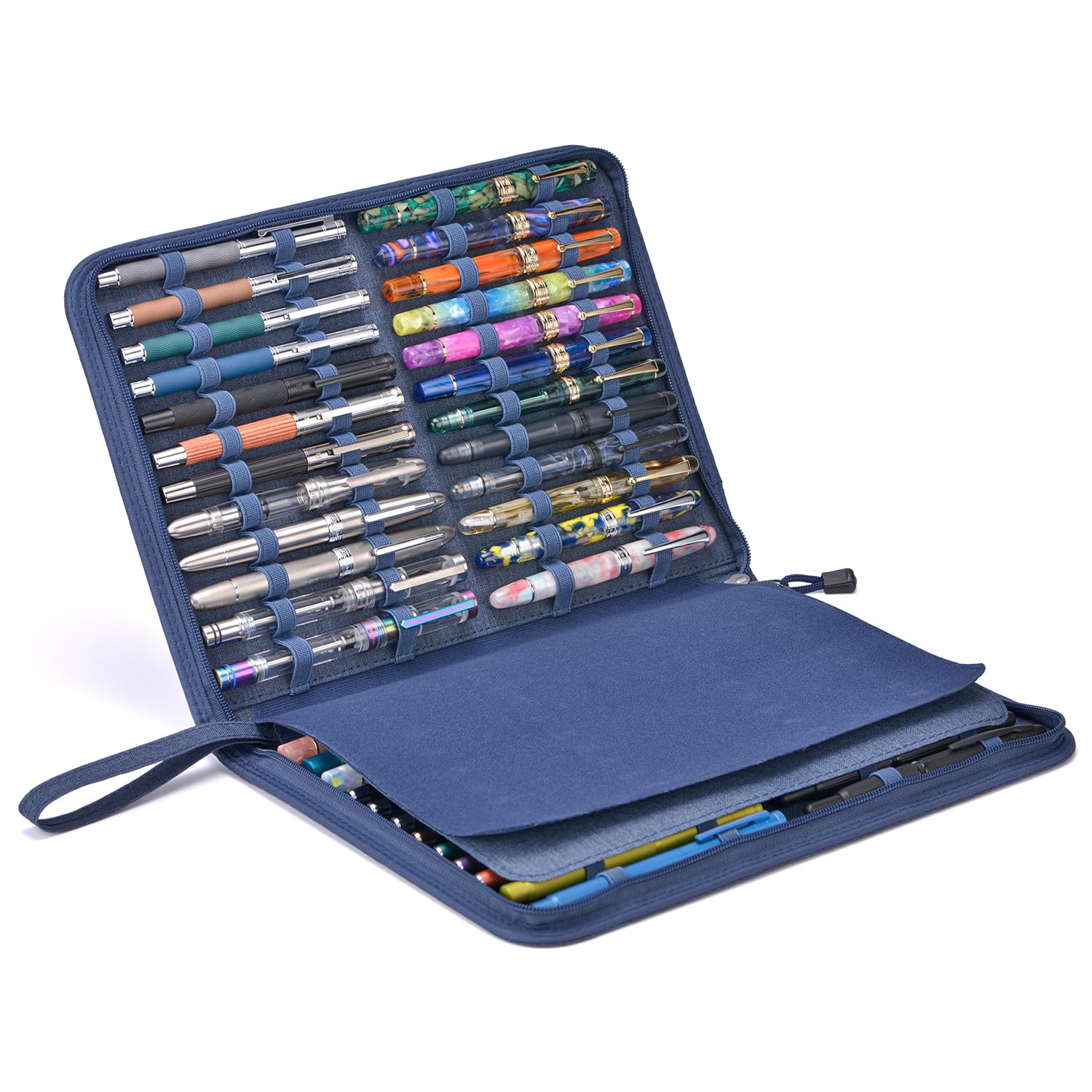 Lanxivi 48 Fountain Pen Case Denim Blue Organizer Bag, Waterproof Canvas Pen Display Holder with