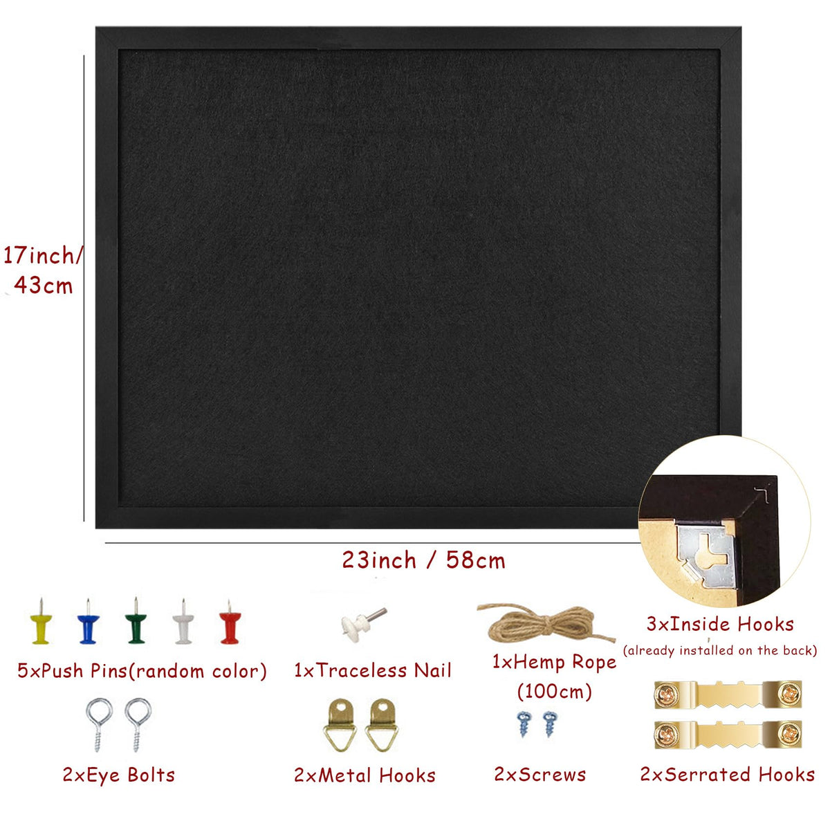 Black Bulletin Board Large Cork Board with Felt, 23"x17" Large Display Pin Board Vision Board for