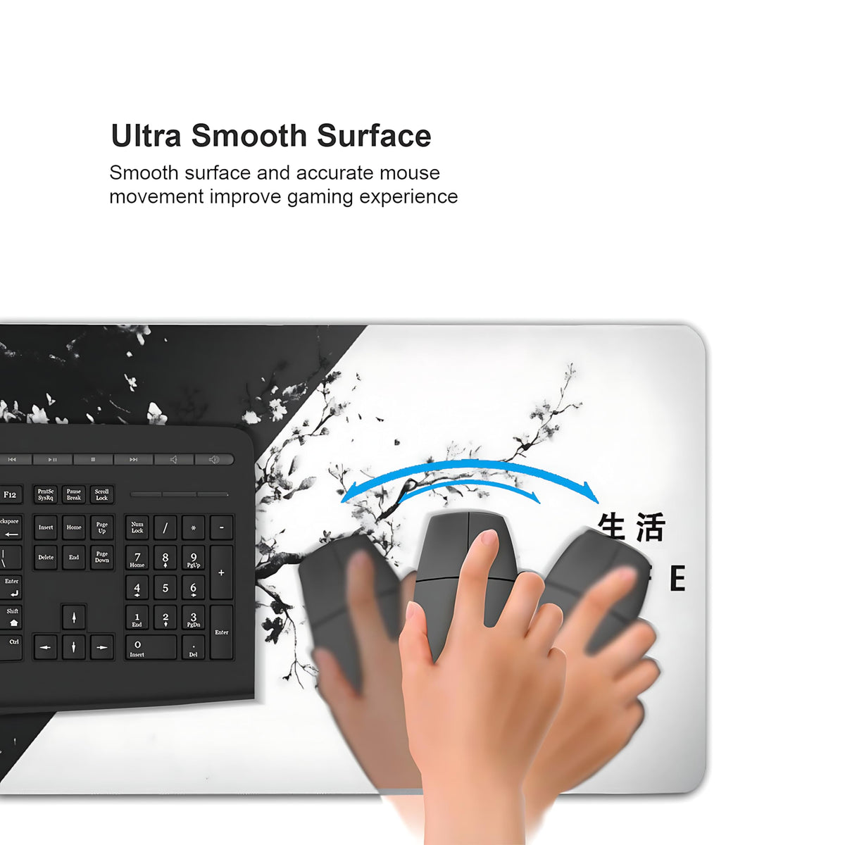 Floral Aesthetic Cherry Blossom Gaming Mouse Pad, Black White Japanese Desk Mat with Anti-Slip Base
