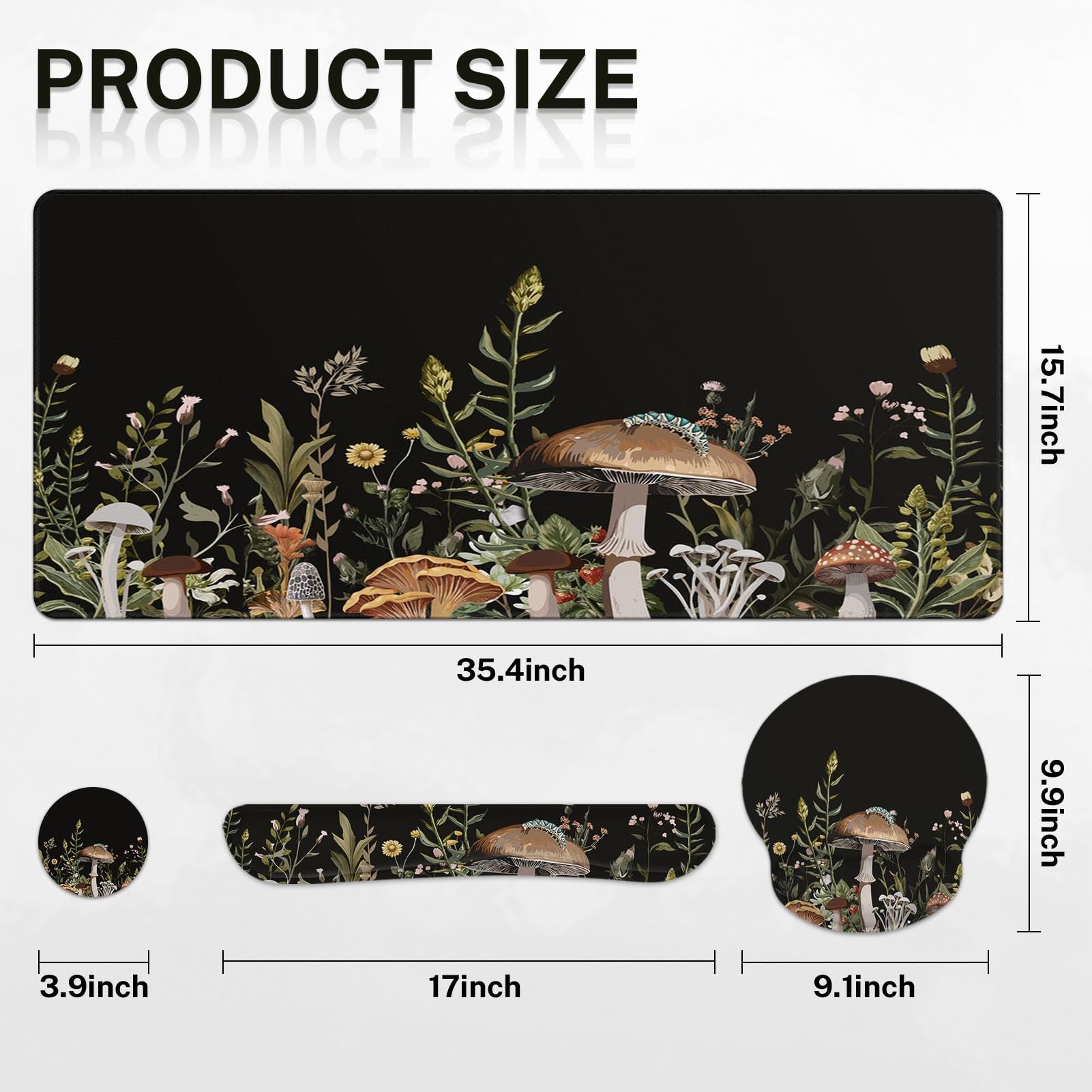 Britimes Keyboard Mouse Pad Set, 4 in 1 Desk Mat Set, Black Mushroom Flora