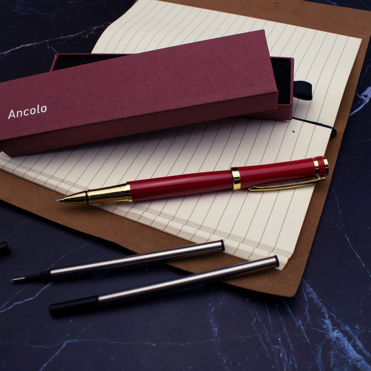 Ancolo Luxury Pen Set- High End Gift Box, Red Color, Refillable, Black Ink Refill Included - 0.7
