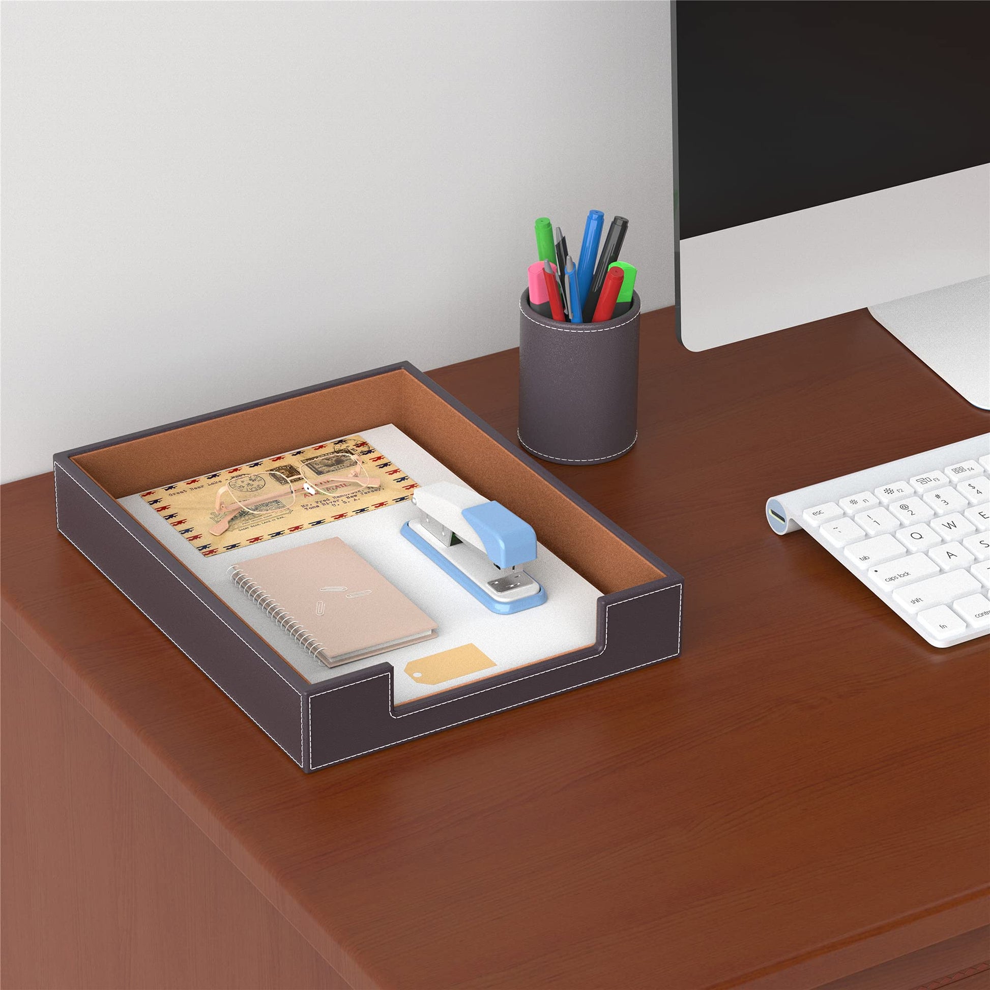 Leather Letter Tray, Thipoten Elegant Desk Organizer for Office Supplies, Mail, Paper, File