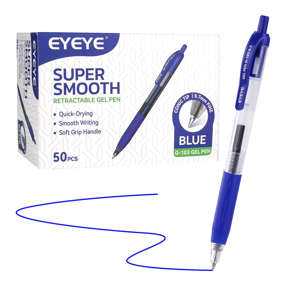 EYEYE G-103 Retractable Gel Pens 0.7mm, 50 Pack 0.7 mm Blue Ink Medium Point Ballpoint Pen Quick