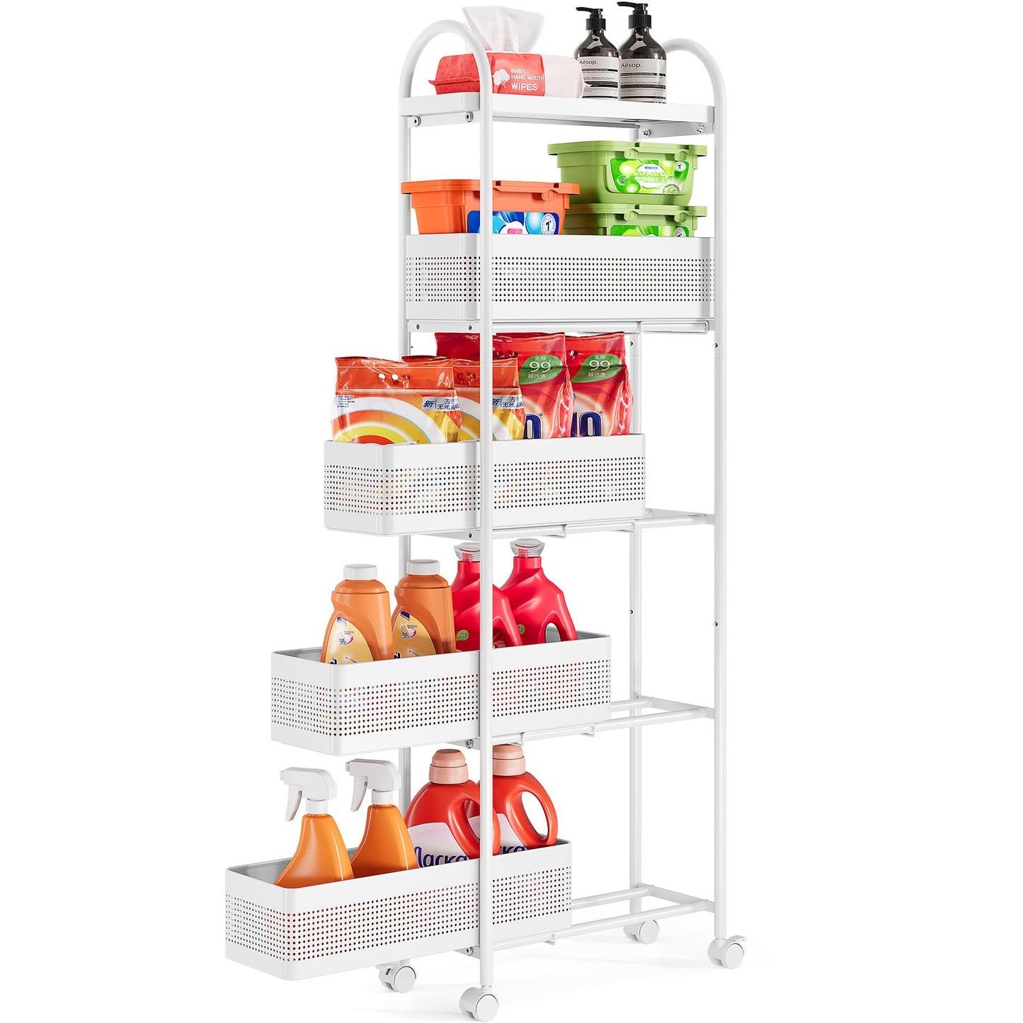 KINGRACK 5 Tier Slim Rolling Cart with Drawer, Metal Utility Storage Cart
