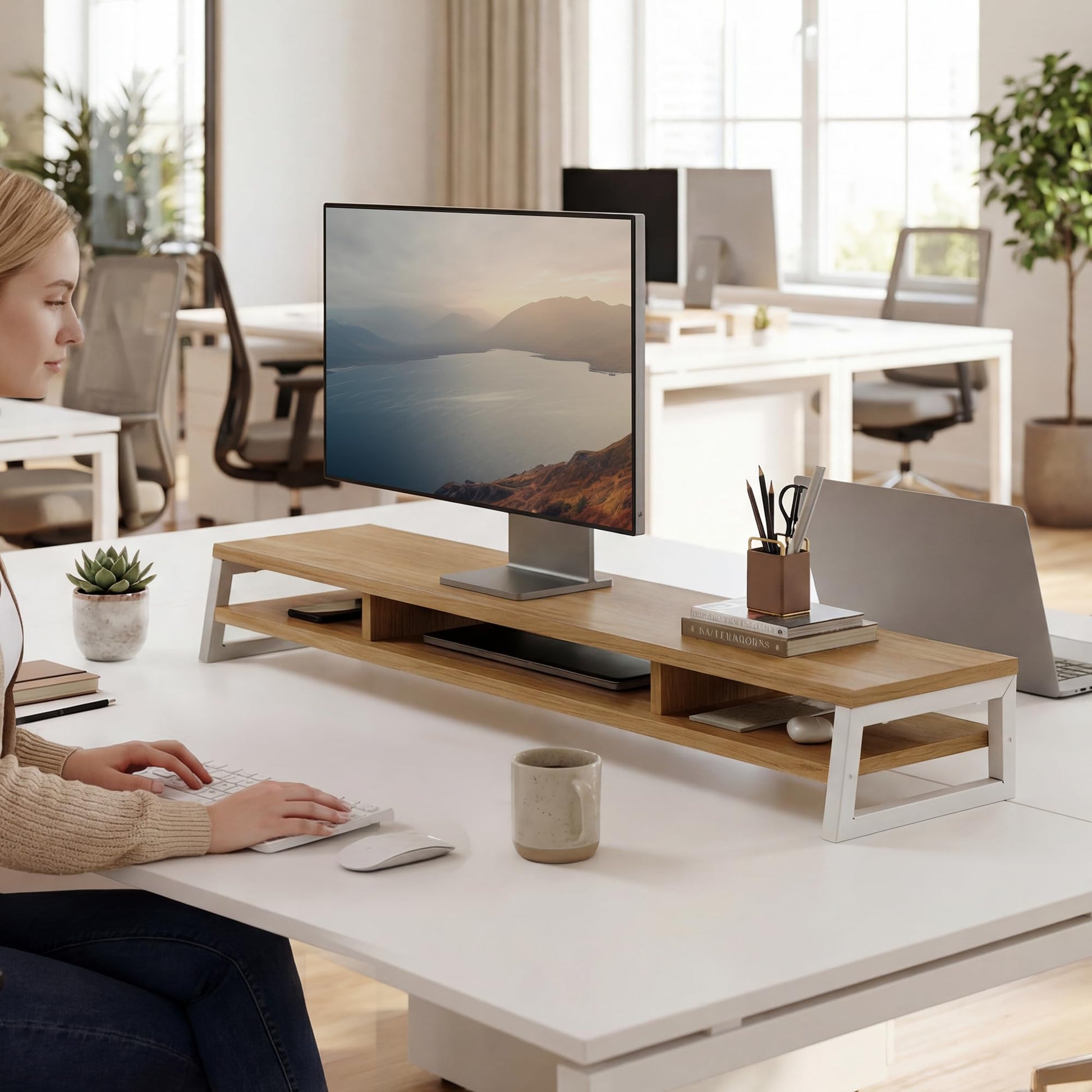 Fenge Dual Monitor Riser for Desk, Open Shelf with 3 Storage Compartments