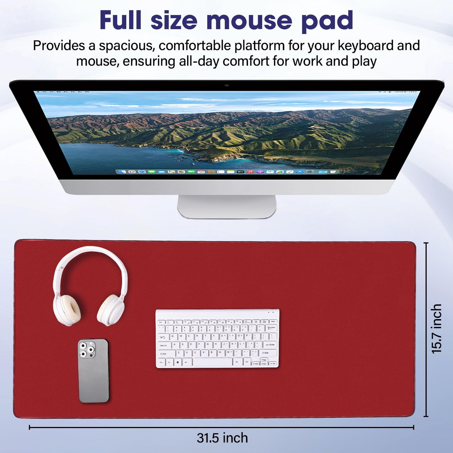 31.5" x 15.7" Waterproof Fabric Desk Mat, Rubber Anti-Slip Base, Red