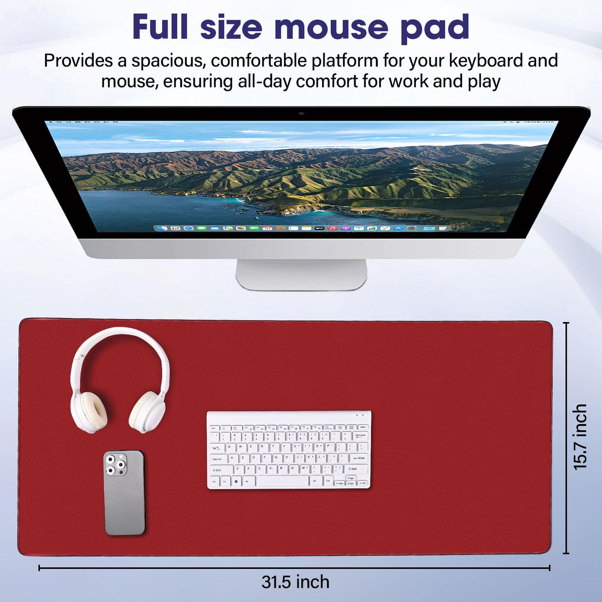 31.5" x 15.7" Waterproof Fabric Desk Mat, Rubber Anti-Slip Base, Red