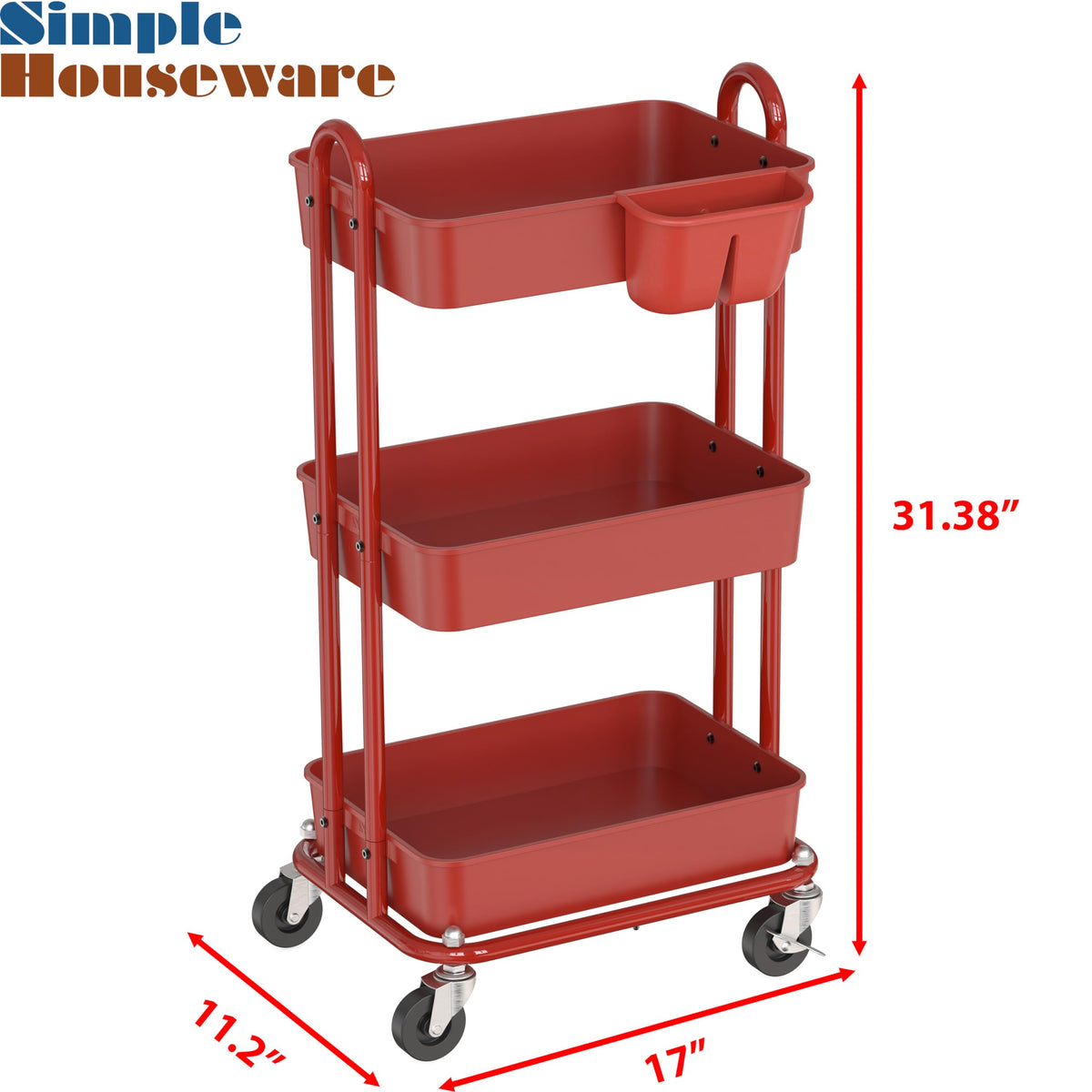 Simple Houseware 3-Tier Rolling Utility Cart with Hanging Bucket, Red