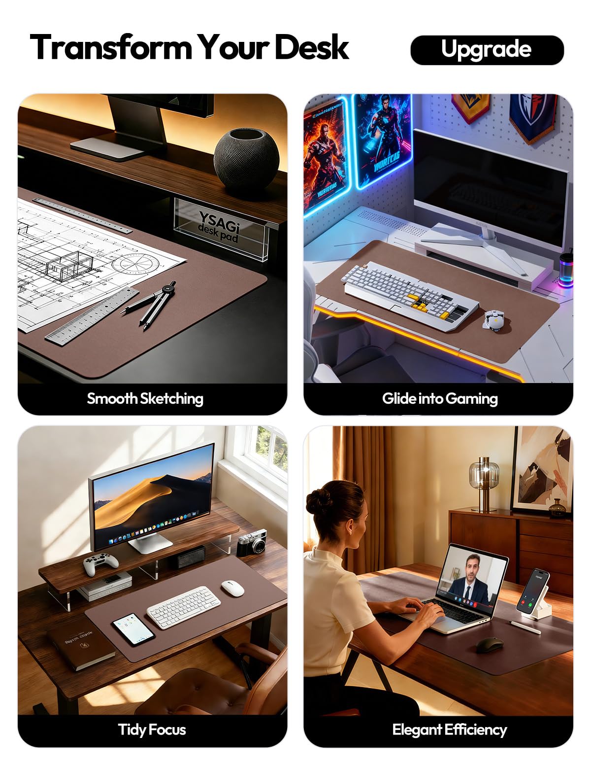 YSAGi Leather Desk Pad Protector, Office Desk Mat, Large Mouse Pad, Non-Slip PU Leather Desk